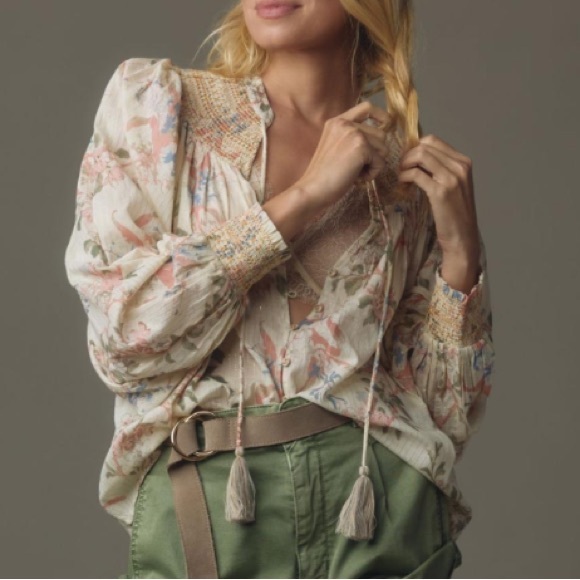 Anthropologie Long-Sleeve Smocked Lurex Top Medium - Picture 2 of 13